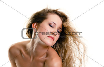 Attractive girl with closed eyes and flying hair. white backgrou