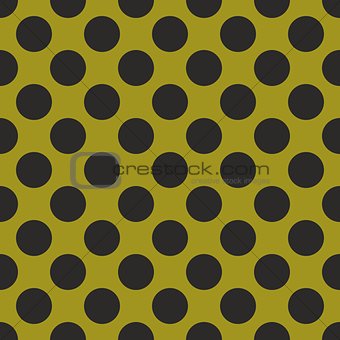 Seamless vector pattern or tile texture with black polka dots on dark, spring green background