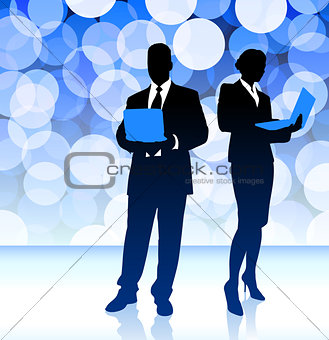 Business Couple on Blue Lens Flare Background