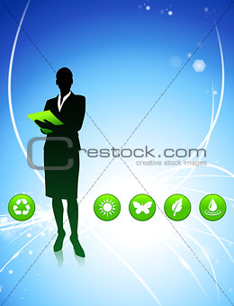 Businesswoman on Abstract Light Background with Buttons