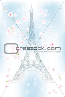 Hand drawn Eiffel tower in spring - Stock Illustration