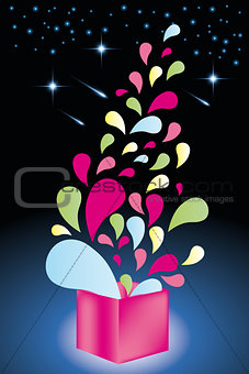 Colorful shapes come out from open gift box - Stock Illustration