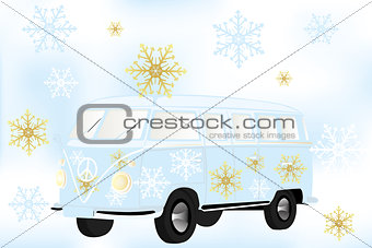 Retro van with white and golden snow flakes - Stock Illustration