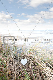 single wooden heart on beach dunes