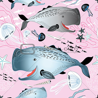 pattern whales and jellyfish