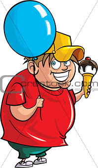 Cartoon overweight boy with balloon and ice cream