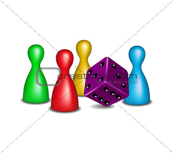 Board game figures with purple dice