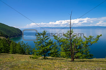 View of Lake Baikal from a high steep bank.