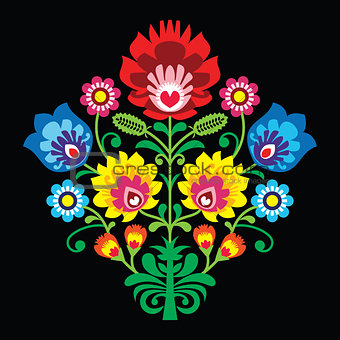 Polish folk embroidery with flowers - traditional pattern on black background