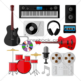 Set of music and sound objects isolated on white