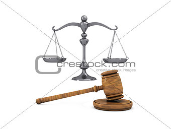 Gavel and silver scale isolated on white background