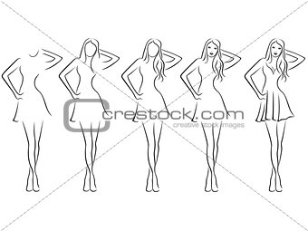 Beautiful young women contour in drawing sequence