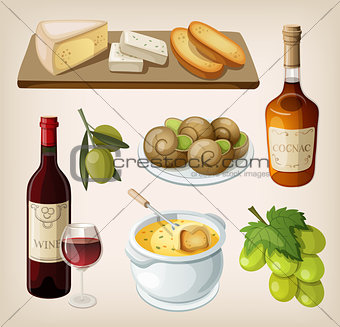 Set of traditional french drinks and appetizers