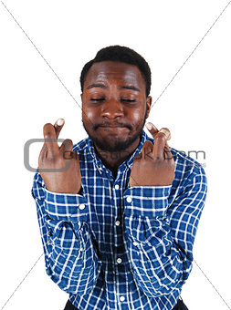 Black man crossing finger.