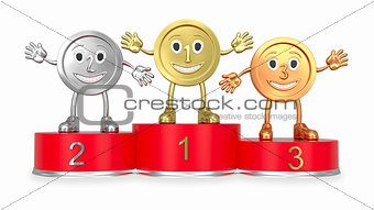 Cartoon medals on red podium (front view)