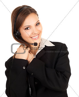 Beautiful laughing cheerful woman with headphones, white backgro