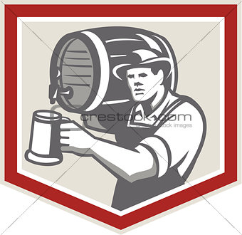 Barman Lifting Barrel Pouring Beer Mug Retro
