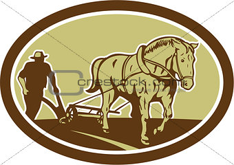 Horse and Farmer Plowing Farm Oval Retro