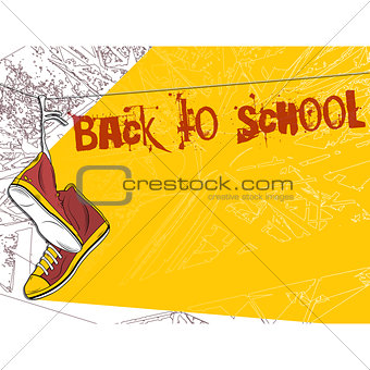 Shoes hanging on wire background. Back to school