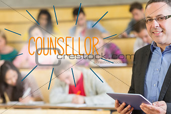 Counsellor against lecturer standing in front of his class in lecture hall