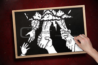 Composite image of hand drawing helping hands with chalk
