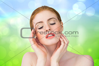 Composite image of beautiful redhead posing with hands