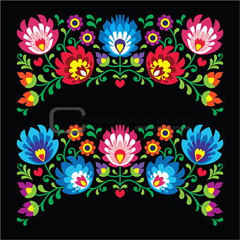 Polish floral folk embroidery patterns for card on black - Wzory Lowickie