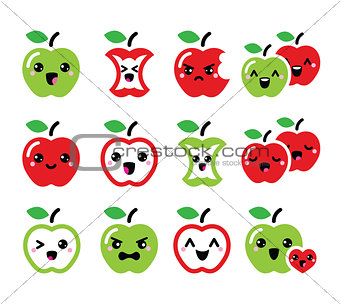 Cute red apple and green apple kawaii icons set