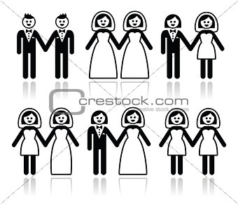 Gay and lesbian wedding - groom and bride icons set