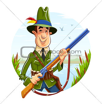 Hunter man with rifle on river background