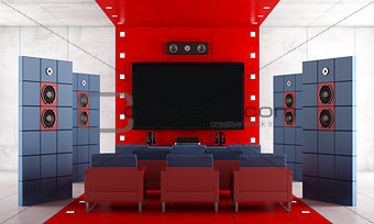Red and blue contemporary home theater 