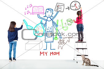 two kids drawing her mother working tasks
