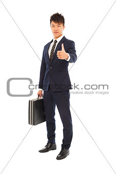 young businessman holding a briefcase and thumb up