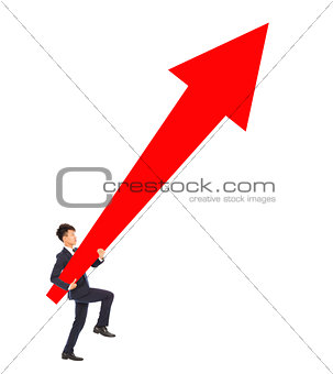 businessman walking and holding a upward red arrow