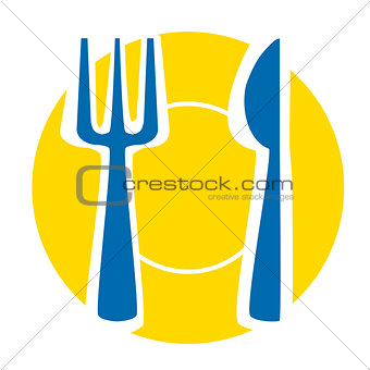 Yellow plate with blue fork and knife - isolated illustration
