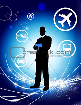 Businessman on Abstract Light Background with Icons