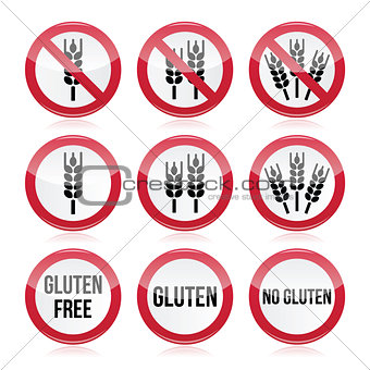 Gluten free, no gluten warning vector signs