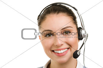 happy smiling female support phone operator 