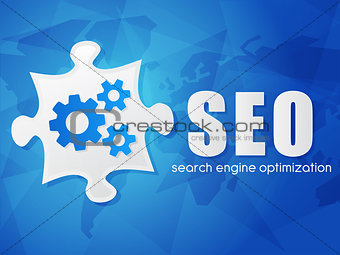 SEO with puzzle and world map, search engine optimization, flat 