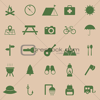 Camping color icons on brown background
