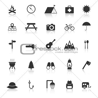Camping icons with reflect on white background