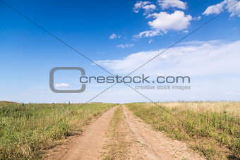 Dirt road through the green fields. 