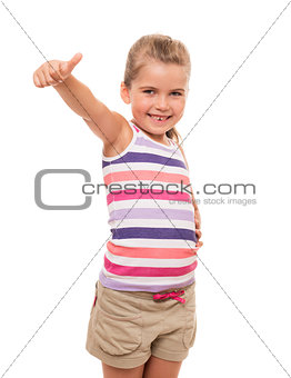 Beautiful little girl standing on white and showing OK sign