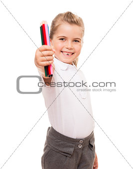 Little girl holding a few colorful pencils on white