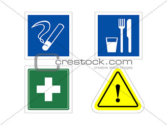 4 information signs: smoking, eating, medical, warning