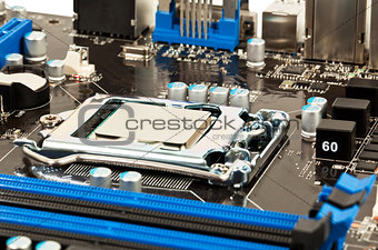 Laptop black and blue mother board closeup