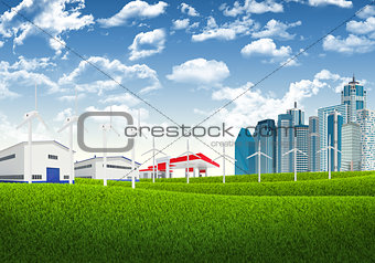 Blue sky, green grass and city