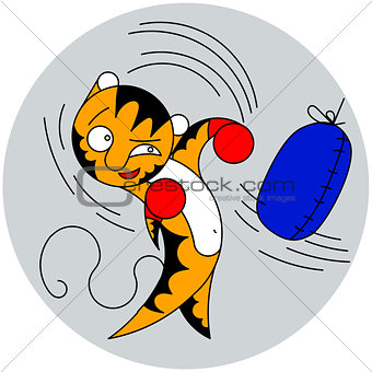 Vector cartoon cute young tiger beats a bag of martial arts