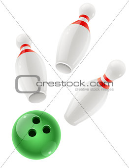 Skittles and ball for playing the bowling game