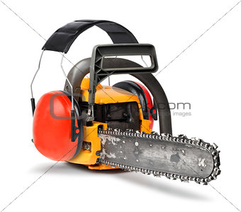 Chain saw  with ear protectors